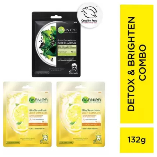 GARNIER Skin Naturals Sheet Mask Pack of 3 (2 Charcoal + 1 Light Complete)  