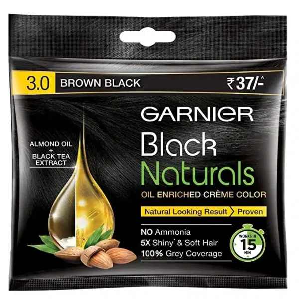 Garnier Black Naturals Oil-Enriched Cream Hair Color Brown Black 8 X ( 20 ml + 20 g ) Packs 3.0