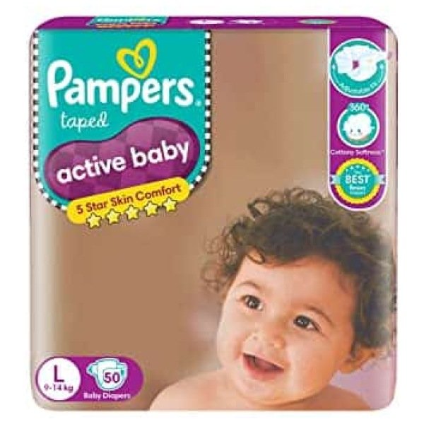Pampers Active Baby Taped Diapers Large size diapers 50 count taped style custom fit