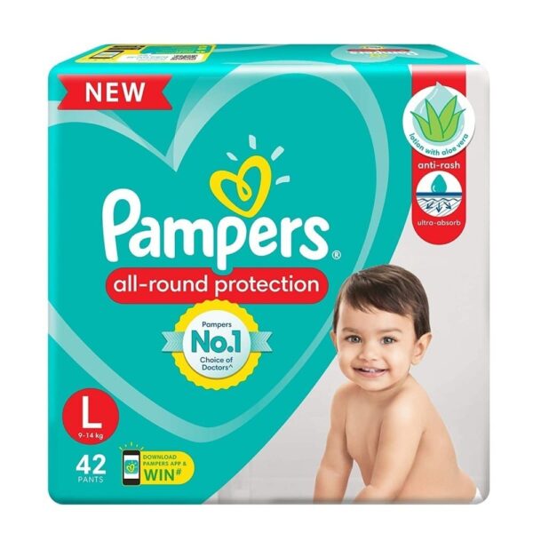 Pampers All round Protection Pants Large size baby diapers 42 Count Lotion with Aloe Vera