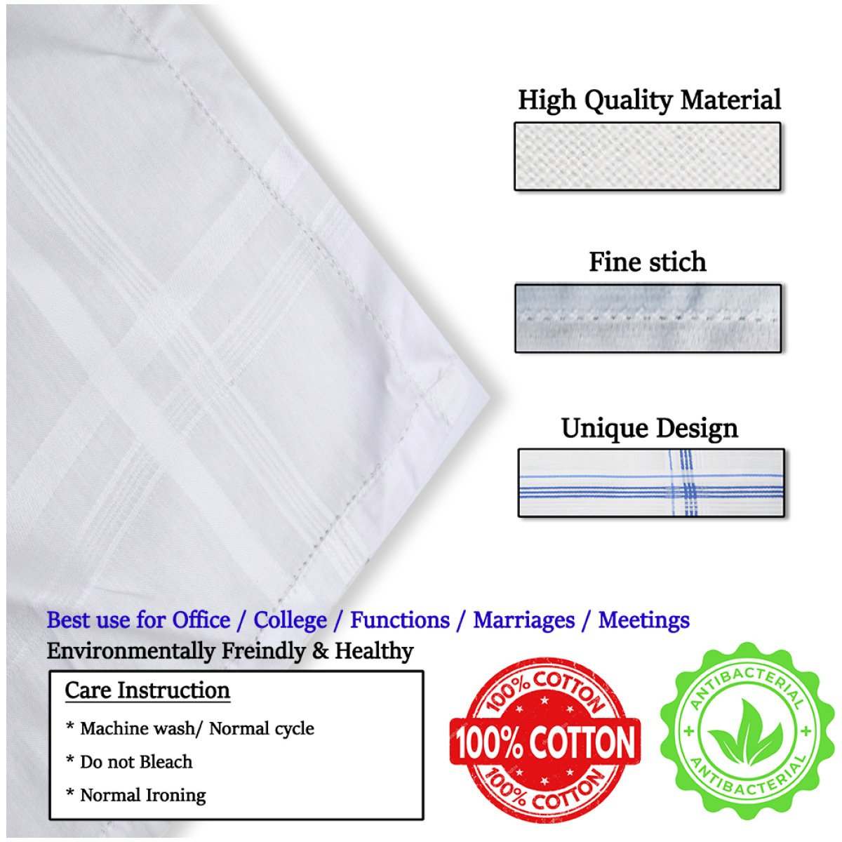 SHELTER Premium HandKerchiefs 100% Cotton Hankies White Color Size 46 x 46 CM Pack of 6