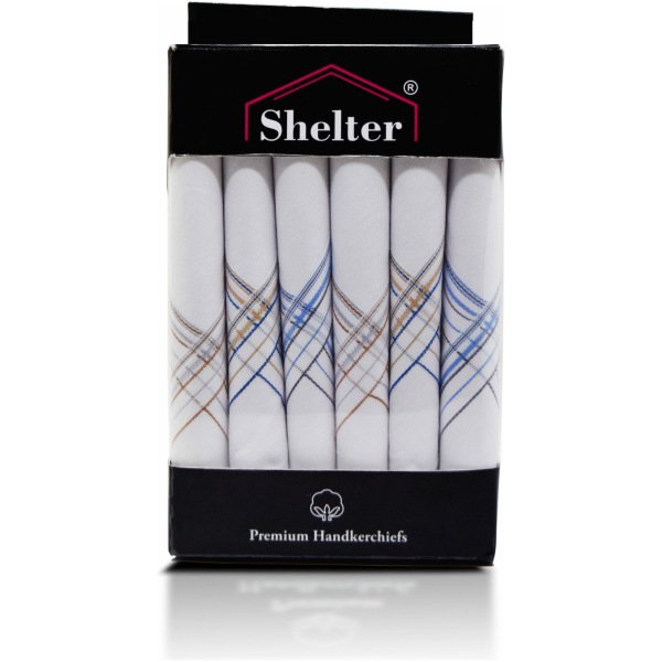 SHELTER Premium HandKerchiefs 100% Cotton Hankies White With Color Border Size 46 x 46 CM Pack of 6
