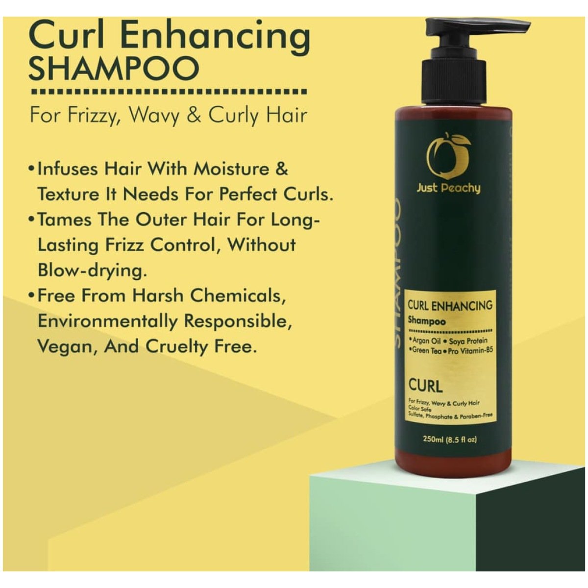 Just Peachy Curl Enhancing Shampoo Moroccan Argan Oil Vitamin B5 Color Safe For Frizzy Wavy & Curly Hair 250ml