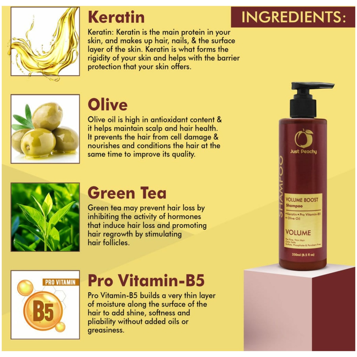 Just Peachy Volume Boost Shampoo Keratin Pro Vitamin B5 & Olive Oil Color Safe For Fine & Thin Hair 250ml