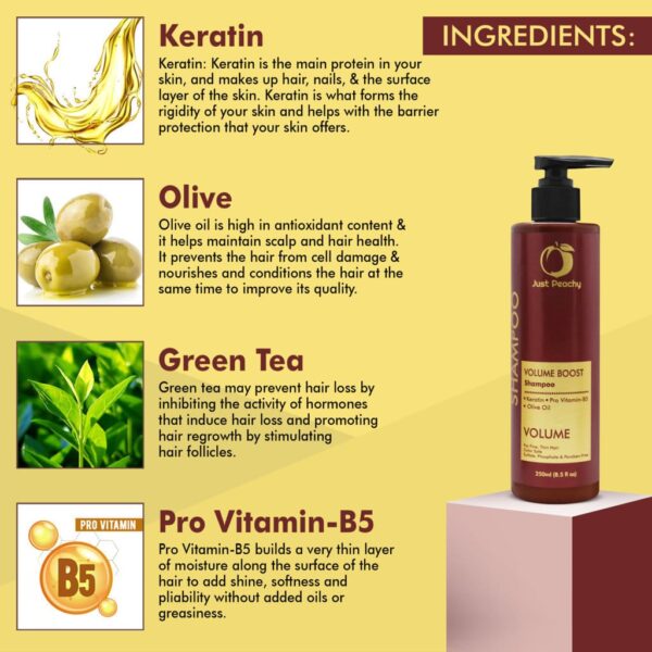 Just Peachy Volume Boost Shampoo Keratin Pro Vitamin B5 & Olive Oil Color Safe For Fine & Thin Hair 250ml