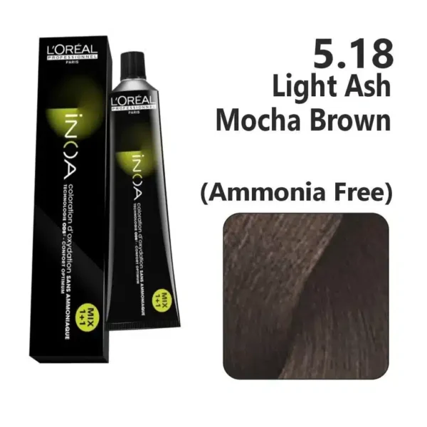 L'Oreal Inoa Hair Color 60G 5.18 Light Ash Mocha Brown +Developer 1000ml Combo