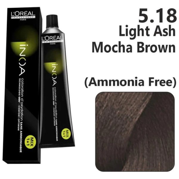 L'Oreal Inoa Hair Color 60G 5.18 Light Ash Mocha Brown +Developer 1000ml Combo
