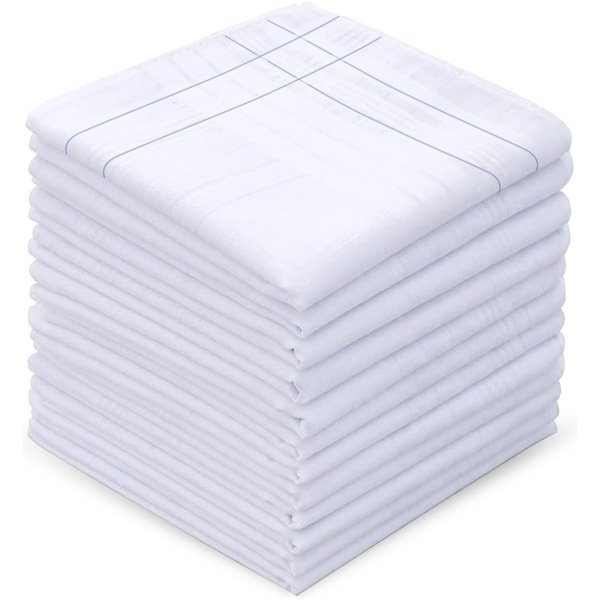 SHELTER Premium Men's 100% Cotton Soft Handkerchief white Color With Double Black Line Border (Size 46 x 46 cm) - Pack of 12