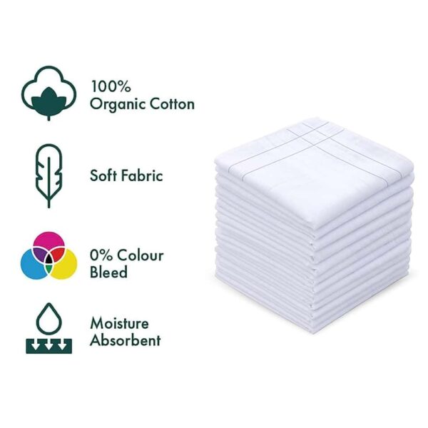 SHELTER Premium Men's 100% Cotton Soft Handkerchief white Color With Double Black Line Border (Size 46 x 46 cm) - Pack of 12