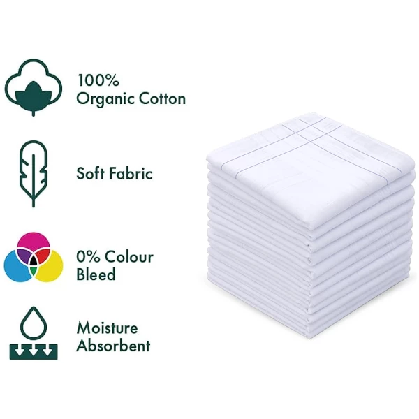 SHELTER Premium Men's 100% Cotton Soft Handkerchief white Color With Double Black Line Border (Size 46 x 46 cm) - Pack of 12