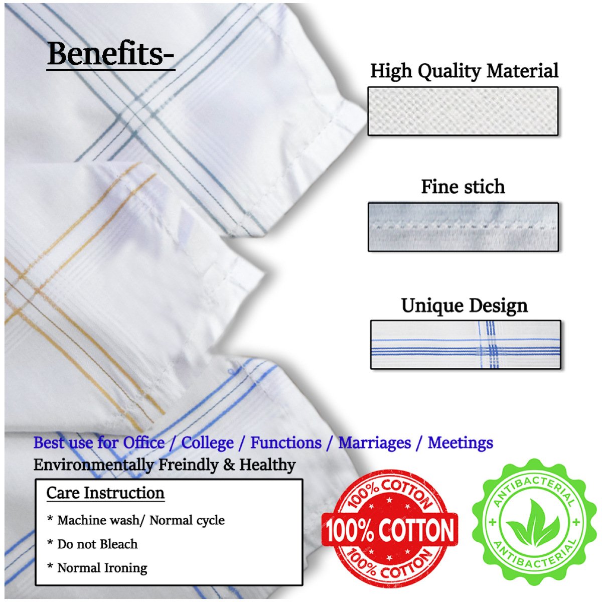 SHELTER Premium HandKerchiefs 100% | Cotton Hankies White With Color Border | Size 46 x 46 CM Pack of 6