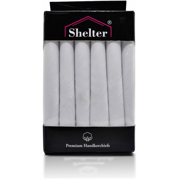 SHELTER Premium HandKerchiefs 100% Cotton Hankies White Color Size 46 x 46 CM Pack of 6