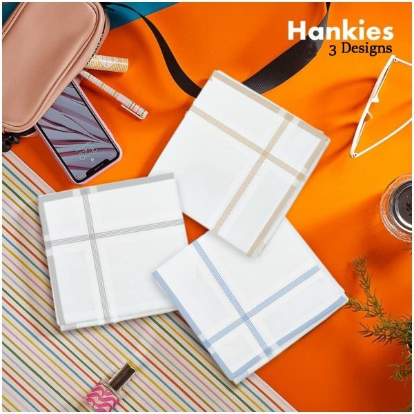 SHELTER Premium Men's 100% Cotton Soft Handkerchief with white and color Lining border (White 44 x 44 cm) - Pack of 12