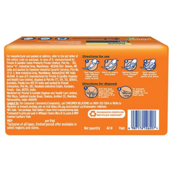 Whisper Choice Ultra Sanitary Pads X-Large 100% Protection 40 pcs