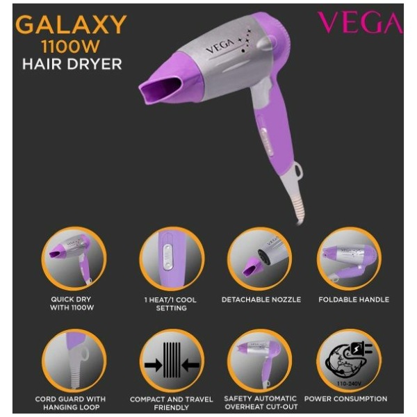 VEGA Galaxy 1100 Watts Foldable Hair Dryer With Heat & Cool Setting And Detachable Nozzle (VHDH-06)