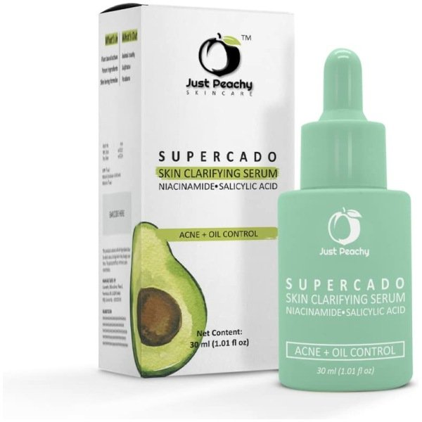 Just Peachy SUPERCADO Skin Clarifying Serum With 10% Niacinamide, 2% Salicylic Acid, Tea Tree, Avocado and Zinc | For Acne, Blemishes & Oil Control | Anti Acne Face Serum for Oily Acne Prone Skin 30ml