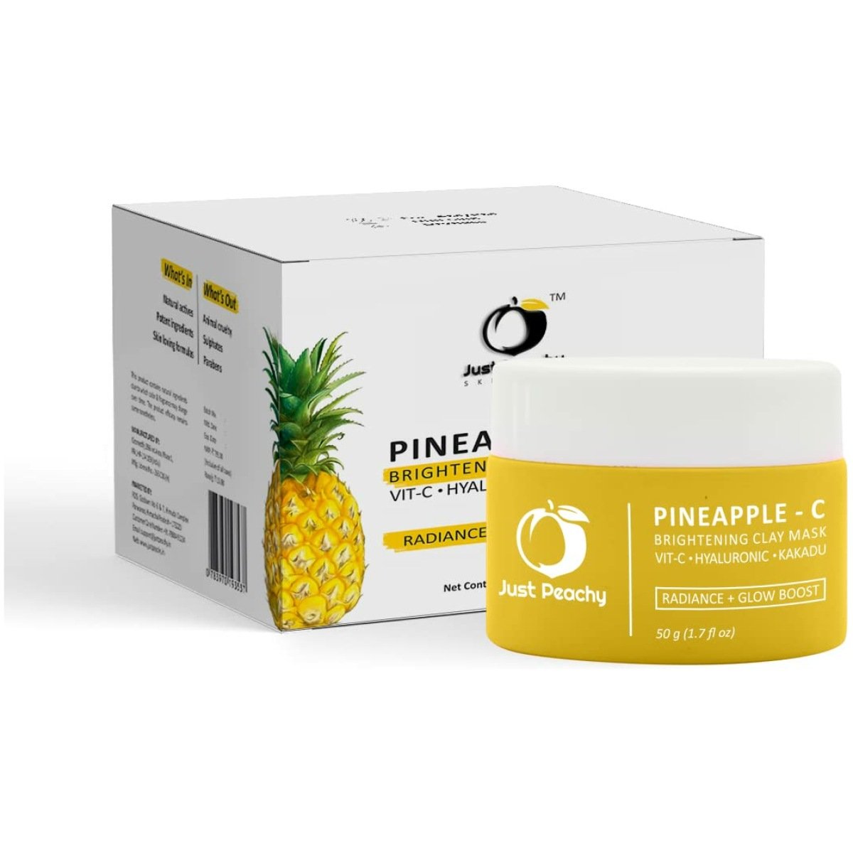 Just Peachy Pineapple - C Brightening Clay Mask With Vitamin C, Pineapple, Hyalururonic Acid and Kakadu Plum | All Skin Type | Radiance + Glow Boosting Mask | Tan Removing Face Mask 50g