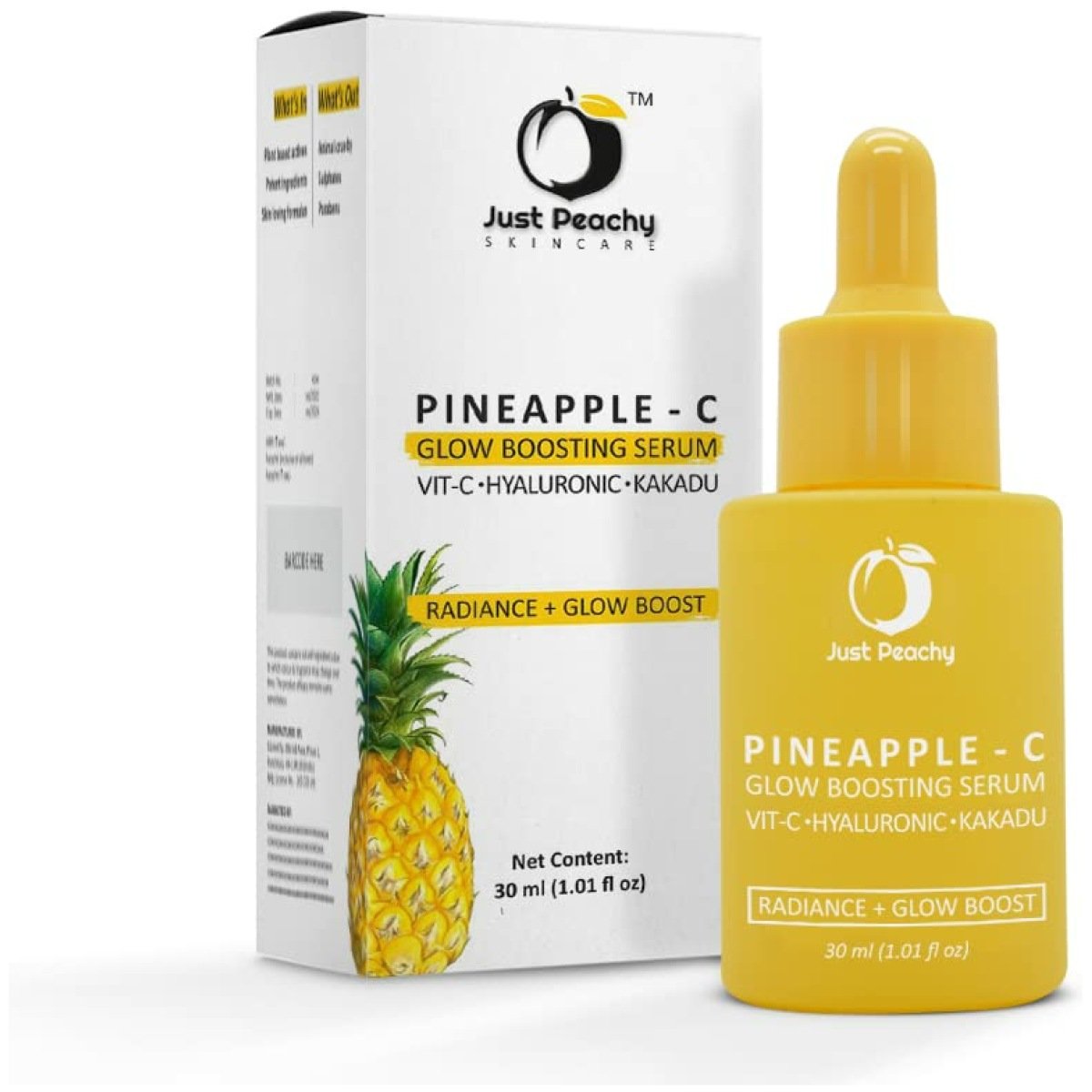Just Peachy Pineapple-C Glow Boosting Serum With Pineapple, Vitamin C, Hyaluronic and Kakadu I Non Irritating I Reduces Pigmentation | Paraben & Sulphate Free | For Dull Uneven Skin | Face Serum 30 Ml