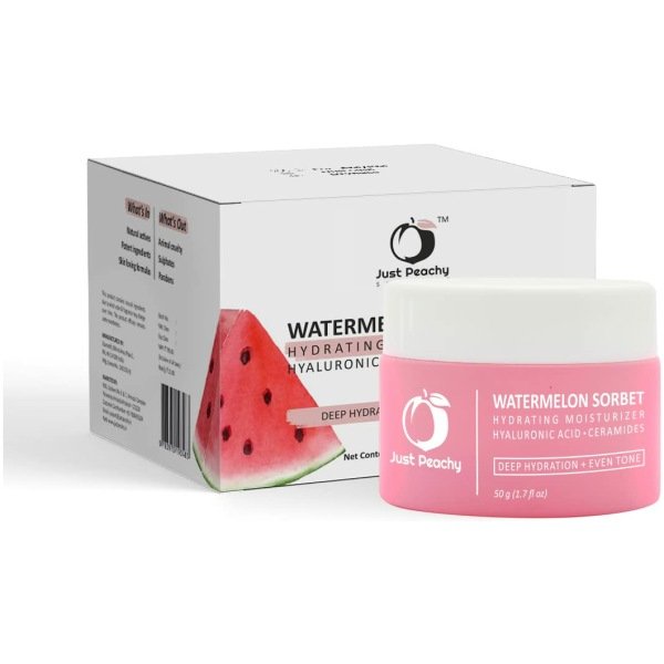 Just Peachy Watermelon Sorbet Hydrating Moisturiser With Hyaluronic Acid, Watermelon and Ceramides | Lightweight | Hydrates & Plumps Skin | Non Oily Matte Face Cream For Dull Skin and Dryness 50g