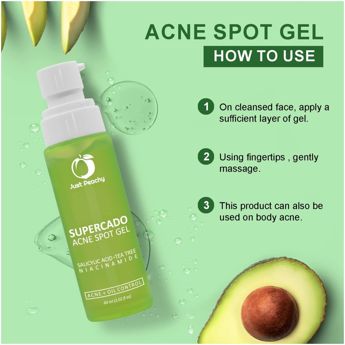 Just Peachy SUPERCADO Acne Spot Gel With 2% Salicylic Acid, Niacinamide, Avocado and Tea Tree | For Breakouts, Pimples & Bumps on Shoulders, Bum & Back | Oil Balancing, Pore Tightening Gel 60 ml