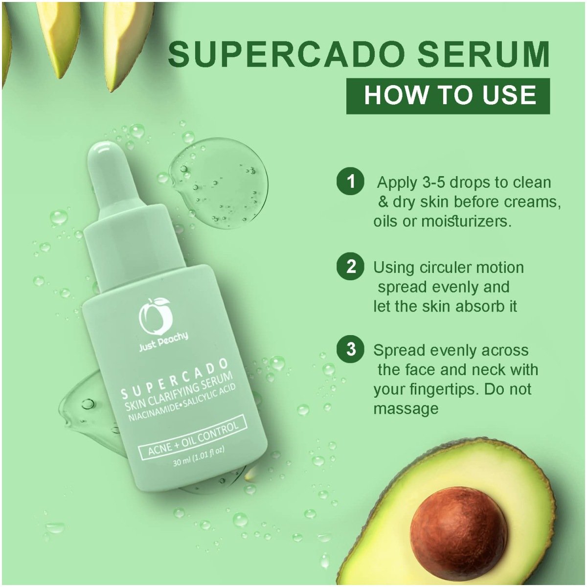 Just Peachy SUPERCADO Skin Clarifying Serum With 10% Niacinamide, 2% Salicylic Acid, Tea Tree, Avocado and Zinc | For Acne, Blemishes & Oil Control | Anti Acne Face Serum for Oily Acne Prone Skin 30ml