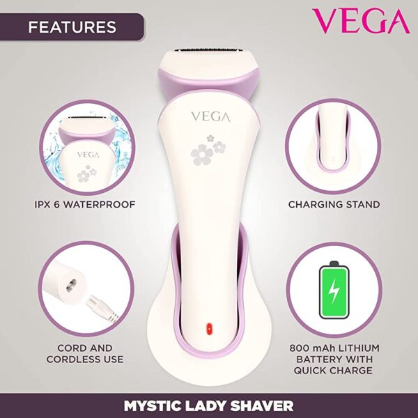 VEGA Mystic Lady Shaver For Women, 90 Mins Runtime with Quick Charge, IPX 6 Waterproof And Cord & Cordless Use, (VHLS-02), White