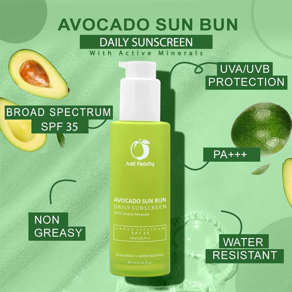 Just Peachy Avocado Sun Bun SPF 35+ PA+++ Matte Sunscreen | UVA and UVB Protection I Non Greasy | Water Resistant | Sun Shield with Avocado, Vitamin E, Zinc and Titanium Oxide 100 mL