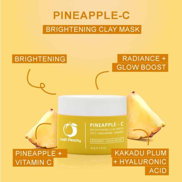 Just Peachy Pineapple - C Brightening Clay Mask With Vitamin C, Pineapple, Hyalururonic Acid and Kakadu Plum | All Skin Type | Radiance + Glow Boosting Mask | Tan Removing Face Mask 50g