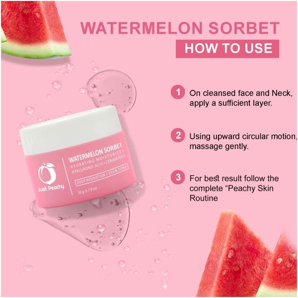 Just Peachy Watermelon Sorbet Hydrating Moisturiser With Hyaluronic Acid, Watermelon and Ceramides | Lightweight | Hydrates & Plumps Skin | Non Oily Matte Face Cream For Dull Skin and Dryness 50g