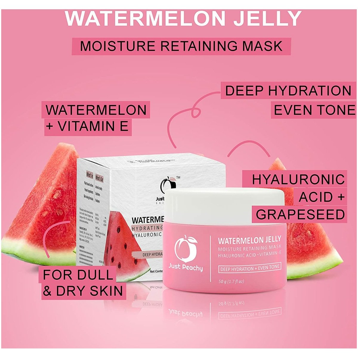 Just Peachy Watermelon Jelly Mask With Grapeseed, Watermelon, Vitamin E and Hyaluronic Acid | For Dull Skin + Dryness | Nourished & Deeply Hydrated Skin | Moisture Retaining Face Mask 50g