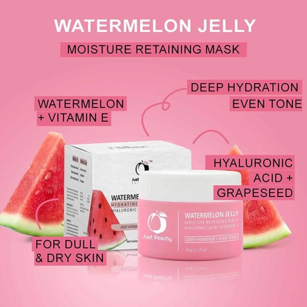 Just Peachy Watermelon Jelly Mask With Grapeseed, Watermelon, Vitamin E and Hyaluronic Acid | For Dull Skin + Dryness | Nourished & Deeply Hydrated Skin | Moisture Retaining Face Mask 50g