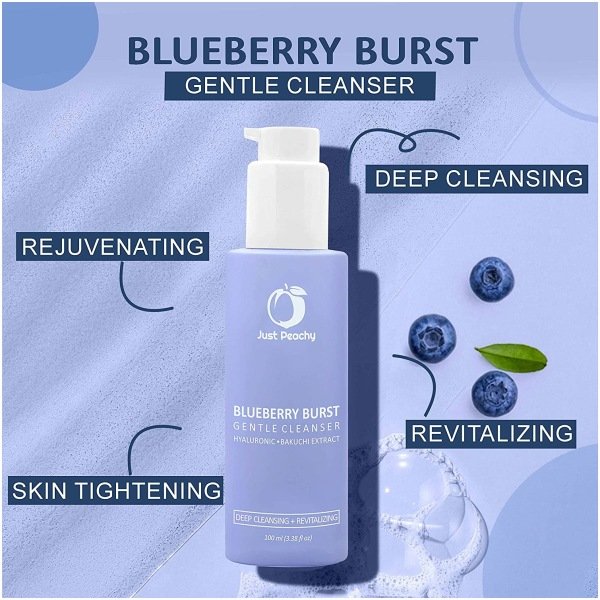 Just Peachy Blueberry Burst Gentle Cleanser With Hyaluronic Acid, Blueberry, Vit E and Bakuchi Extract I Hydrating | Sulphate Free | Non- Drying | Face Wash For Dry, Normal & Ageing Skin 100 Ml