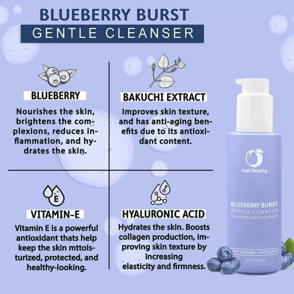 Just Peachy Blueberry Burst Gentle Cleanser With Hyaluronic Acid, Blueberry, Vit E and Bakuchi Extract I Hydrating | Sulphate Free | Non- Drying | Face Wash For Dry, Normal & Ageing Skin 100 Ml