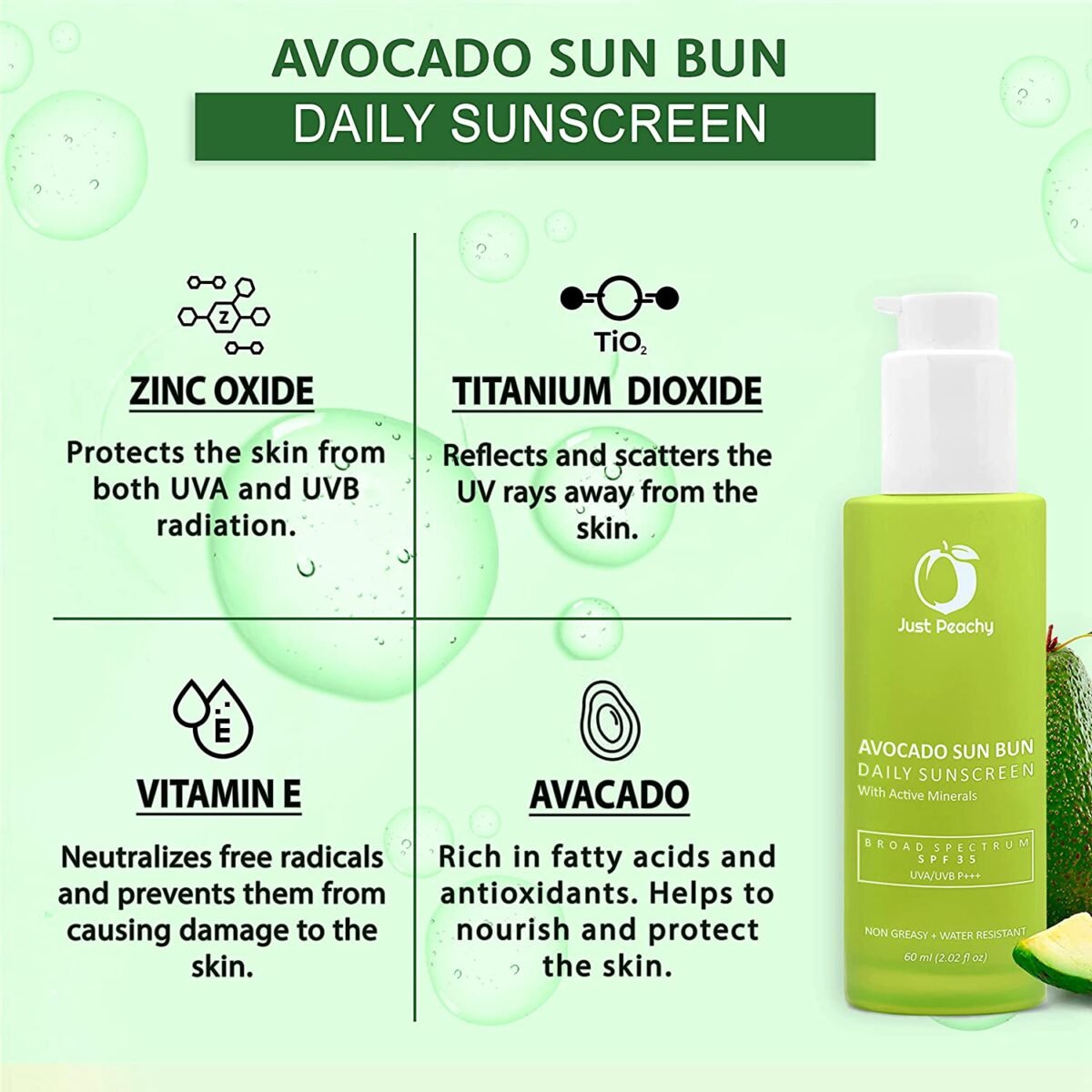 Just Peachy Avocado Sun Bun SPF 35+ PA+++ Matte Sunscreen | UVA and UVB Protection I Non Greasy | Water Resistant | Sun Shield with Avocado, Vitamin E, Zinc and Titanium Oxide 100 mL