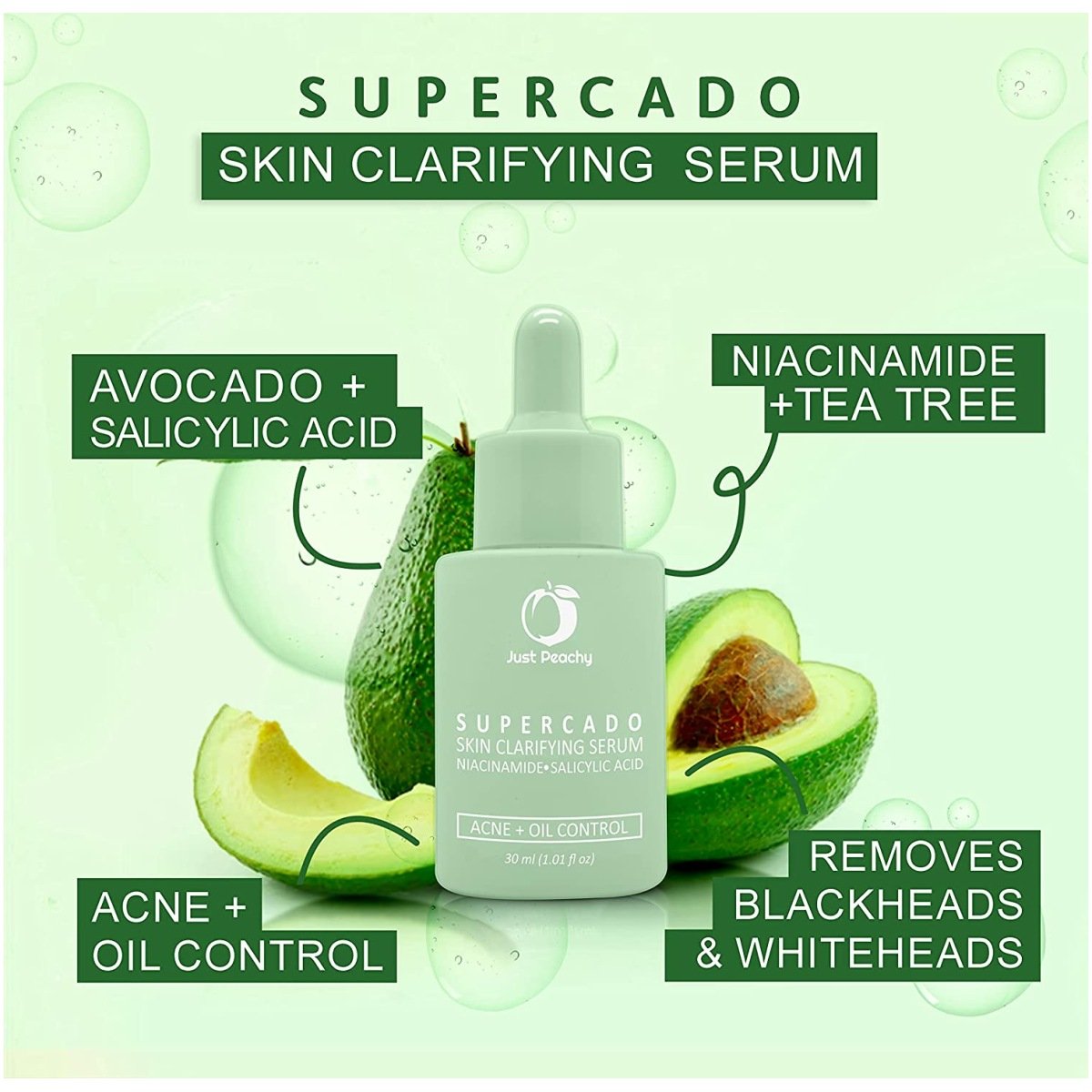 Just Peachy SUPERCADO Skin Clarifying Serum With 10% Niacinamide, 2% Salicylic Acid, Tea Tree, Avocado and Zinc | For Acne, Blemishes & Oil Control | Anti Acne Face Serum for Oily Acne Prone Skin 30ml