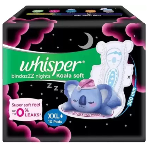 Whisper Bindazzz Night Koala Soft XXL+ Sanitary Pads - 60% Longer With Upto 0% Leaks, 10 Pads(10 Pcs)