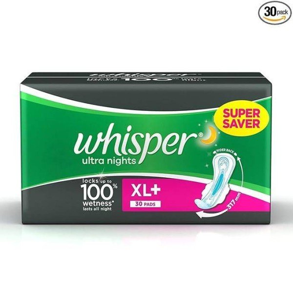 Whisper Bindazzz Night Sanitary Pads, Pack of 30 thin Pads, XL+, upto 0%  Leaks, 40% Longer & Wider back, Dry top sheet, Long lasting coverage, Faster  absorption, 31.7 cm Long
