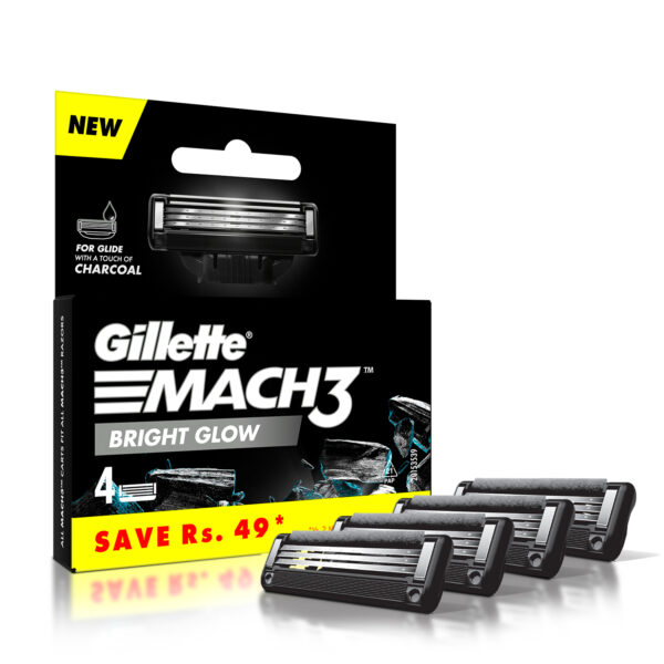 Gillette Mach3 Charcoal Shaving Razor Blades, 4 Blades Bright Glow