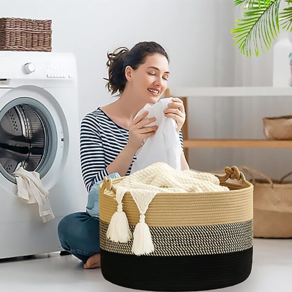 ONOMIE Large Blanket Basket (18"x18"x16"),Woven Baby Laundry Hamper for Storage, Cotton Rope Blankets Baskets for Nursery, Laundry, Living Room, Pillows, Baby Toy Chest with Handles (Black) - Image 3