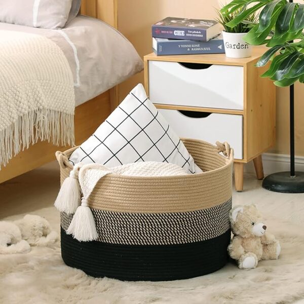 ONOMIE Large Blanket Basket (18"x18"x16"),Woven Baby Laundry Hamper for Storage, Cotton Rope Blankets Baskets for Nursery, Laundry, Living Room, Pillows, Baby Toy Chest with Handles (Black) - Image 4