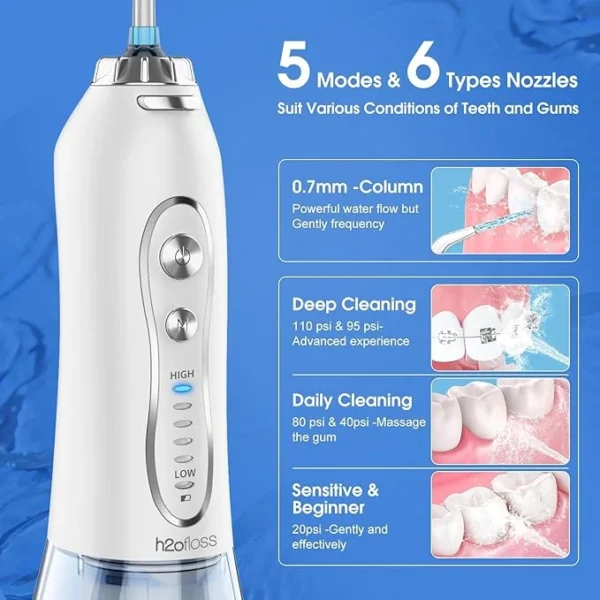 H2Ofloss Water Flosser Portable Dental Oral Irrigator With 5 Modes, 5 Replaceable Jet Tips, Rechargeable - Image 4