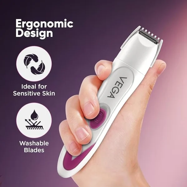 Vega Feather Touch 4-in-1 Trimmer for Women with Rechargeable Cordless, 60min Runtime, Suitable for trimming Eyebrows, Nose, Face & Bikini Area (VHBT-03) White